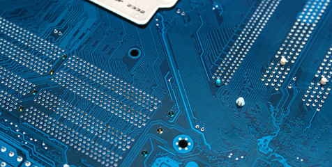 Modern printed circuit board, electronic circuit board, textolite. Background banner. Electronic...