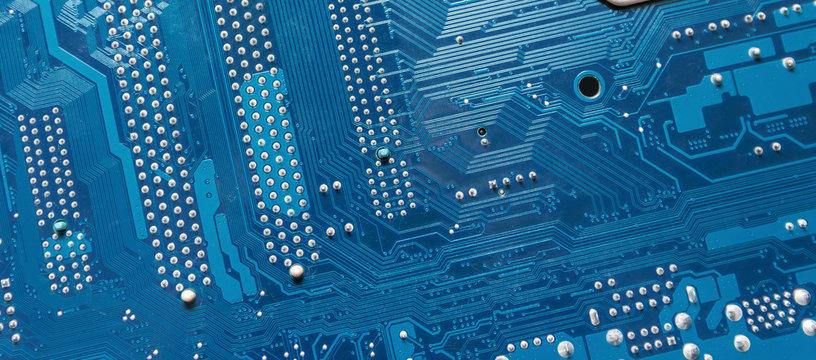 Modern printed circuit board, electronic circuit board, textolite. Background banner. Electronic plate.