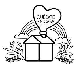 Quedate en casa text with house rainbow heart and leaves vector design