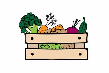 Farmers market vegetables in wooden box. Hand drawn Flat Cartoon illustration. Healthy food Vector doodle sketch isolated on white background. Harvest festival.