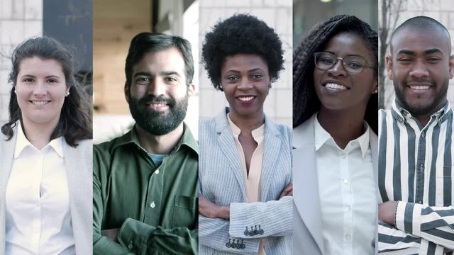 Happy diverse company professionals wearing office suits or casual, posing with arms folded. Front view, mosaic series, multiscreen montage, collage portraits. Diversity concept