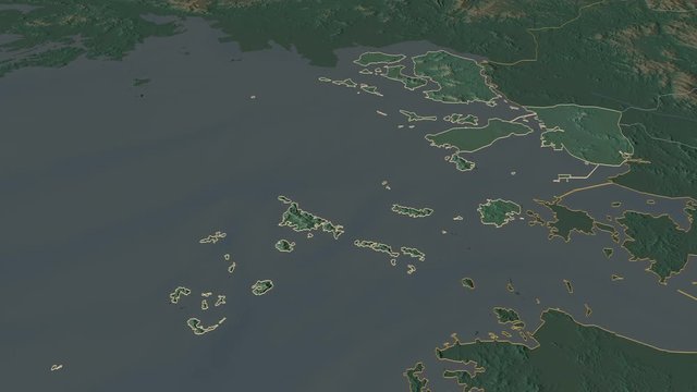 Incheon, metropolitan city with its capital, zoomed and extruded on the relief map of South Korea in the conformal Stereographic projection. Animation 3D