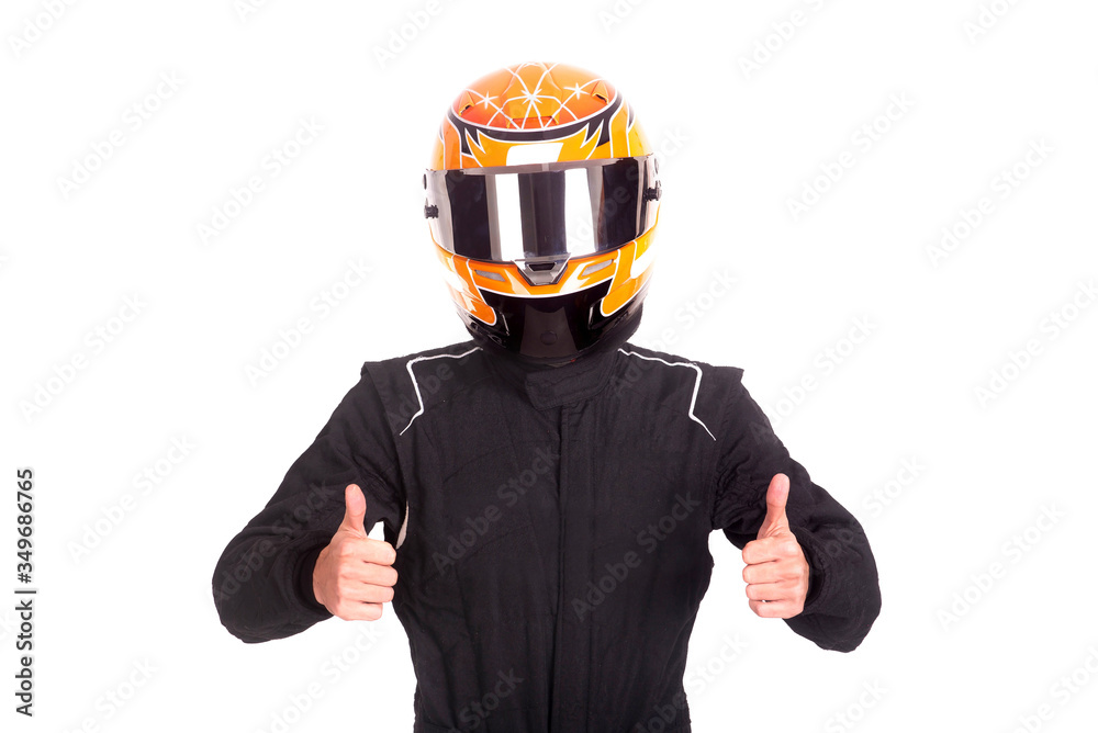 Wall mural race car pilot posing isolated