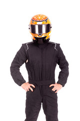 Race car pilot posing isolated