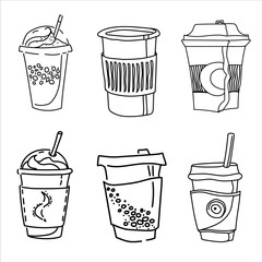 Vector doodle illustration on the theme of coffee. Coffee cups Isolated on a white background. Different drinks coffee cappuccino, latte, espresso. Coffee drinks in different glasses
