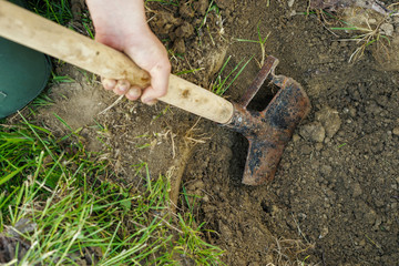 Close up on shovel spade digging in soil dirt unknown caucasian man dig a hole in the field or...