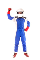 Race car pilot posing isolated