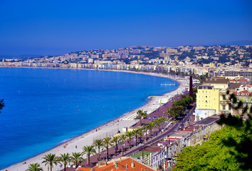 Fototapeta na wymiar The Promenade des Anglais on the Mediterranean Sea at Nice, France along the French Riviera.