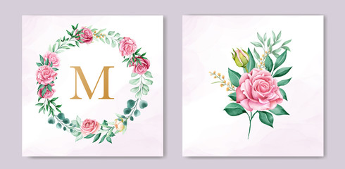 Fototapeta na wymiar elegant background wedding invitation design with floral and leaves