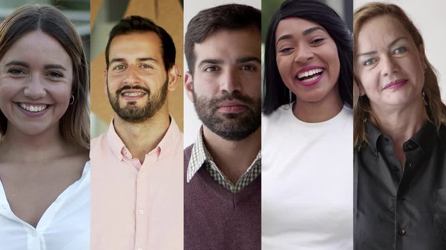 Happy friendly citizens of different ages wearing casual, smiling and posing for camera. Front view, mosaic series, multiscreen montage, collage portraits. People concept