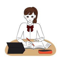 タブレットを見ながら勉強する女子学生