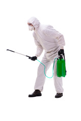 Young male contractor disinfecting in coronavirus concept