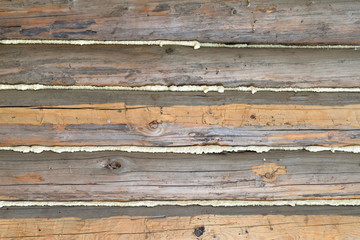 Background. Wall of old hewn logs with mounting foam in the cracks