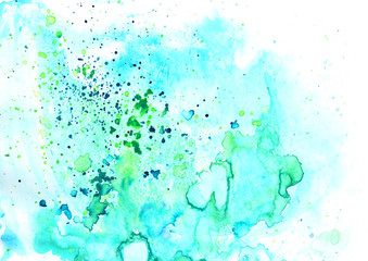 Fototapeta na wymiar Bright colorful vibrant hand painted isolated watercolor background with paint splashes on white background in aquamarine, blue, cyan and green colors. A4 paper size