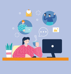 young woman with coffee cup using computer chatting with people