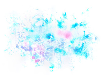 Fototapeta na wymiar Ice cold winter Christmas hand painted isolated watercolor backdrop with paint splashes on white background in pink, blue, cyan and violet colors. A4 paper size