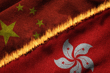 Flags of China and Hong Kong on Fire Concept of Struggle and Conflict