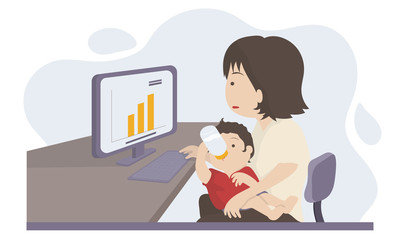 A mom  works from home on computer program while she is feeding her baby