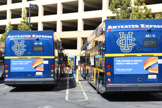 IRVINE, CALIFORNIA - 16 APRIL 2020: Anteater Express busses. The Electric and Fuel Cell powered vehicles service the students at the University of California Irvine, UCI.
