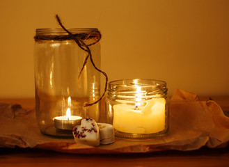 candles on wooden table, aroma therapy concept