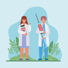 Female and male doctors with injection and medicine jar vector design