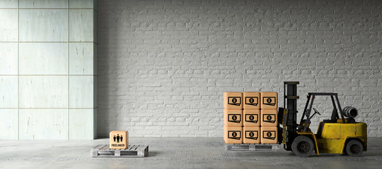 forklift in warehouse moving boxes with money symbols to a box on palette with people symbols © fotogestoeber