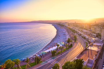 The Promenade des Anglais on the Mediterranean Sea at Nice, France along the French Riviera.