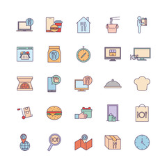 Food delivery line and fill style icon set vector design