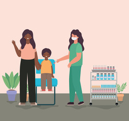 female doctor vaccinating boy and mother vector design