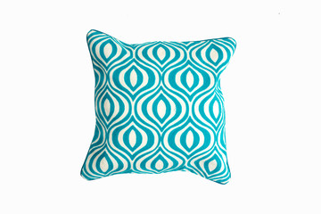 Decorative soft pillow, with geometric pattern in green and white color, isolated on white background