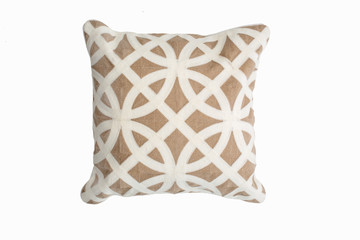 Decorative soft pillow, with geometric pattern in ivory and white color, isolated on white background
