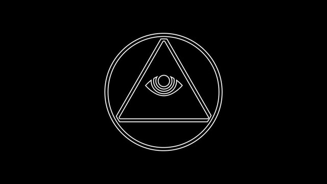 White line Masons symbol All-seeing eye of God icon isolated on black background. The eye of Providence in the triangle. 4K Video motion graphic animation
