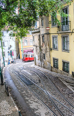 Red cable car in Lisbon Portugal
