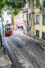 Red cable car in Lisbon Portugal