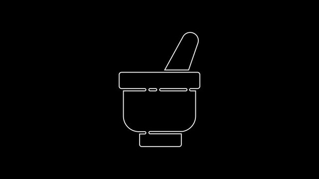 White line Magic mortar and pestle icon isolated on black background. 4K Video motion graphic animation