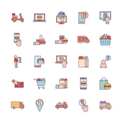 Food delivery line and fill style icon set vector design