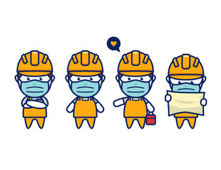 construction worker with face mask protection from virus in cute chibi style