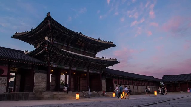 timelapse of night view with building and roof in gyeongbokgung palace (royal palace) 
