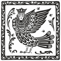 Fototapeta premium Black and white illustration of a mythological bird girl Sirin. Stylization of a medieval book miniature