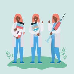 Female doctors with injection and medicine jars vector design