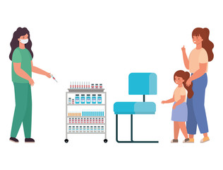 female doctor vaccinating girl and mother vector design