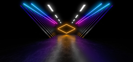 A dark tunnel by colored neon lights and lamps. 3d rendering image.