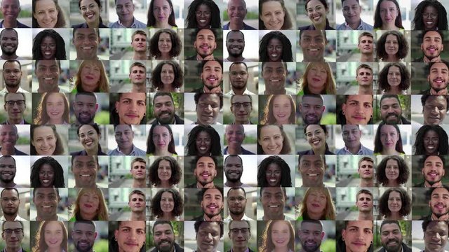 Cheerful smiling young, middle aged, mature diverse people of different races posing outside. Mosaic series, multiscreen montage, collage portraits. Front view. Positive emotions concept