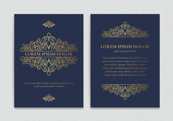 Fototapeta na wymiar Dark blue and gold luxury invitation card design. Vintage ornament template. Can be used for background and wallpaper. Elegant and classic vector elements great for decoration.