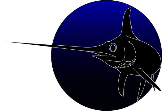 recommend clip art: Outlined silhouette swordfish in a blue circle