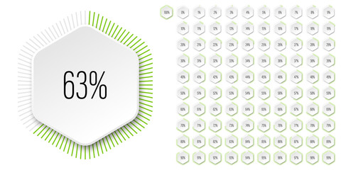 Set of hexagon percentage diagrams meters from 0 to 100 ready-to-use for web design, user interface UI or infographic with 3D concept - indicator with green