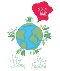 kawaii world cartoon and stay at home strong and positive text vector design