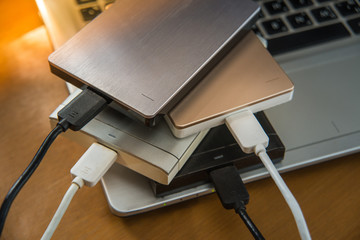 Many external hard disk on laptop for backup files and important information using USB 3.0...