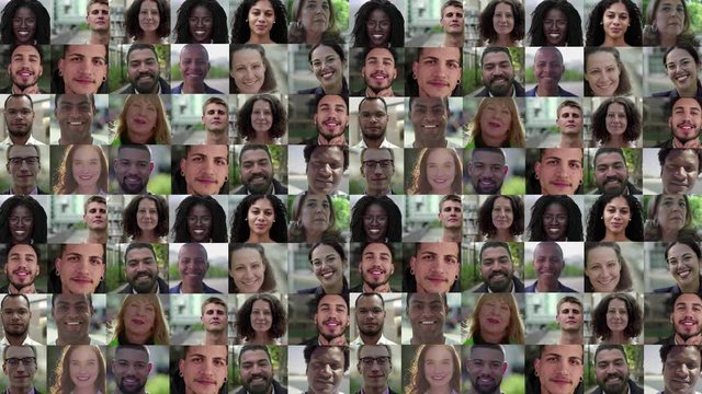 Happy diverse African American, Latin, Caucasian citizens of different ages posing outside. Mosaic series, multiscreen montage, collage portraits. Front view. Positive emotions concept