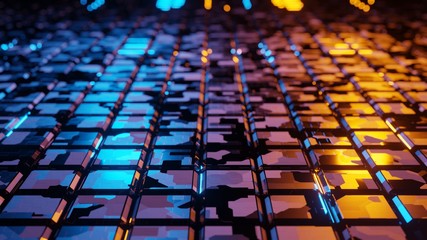 Obraz premium Blue orange colors background on Square shape With the reflection of the metal floor. Square abstract background 3D rendering low focus distance. background for display products.